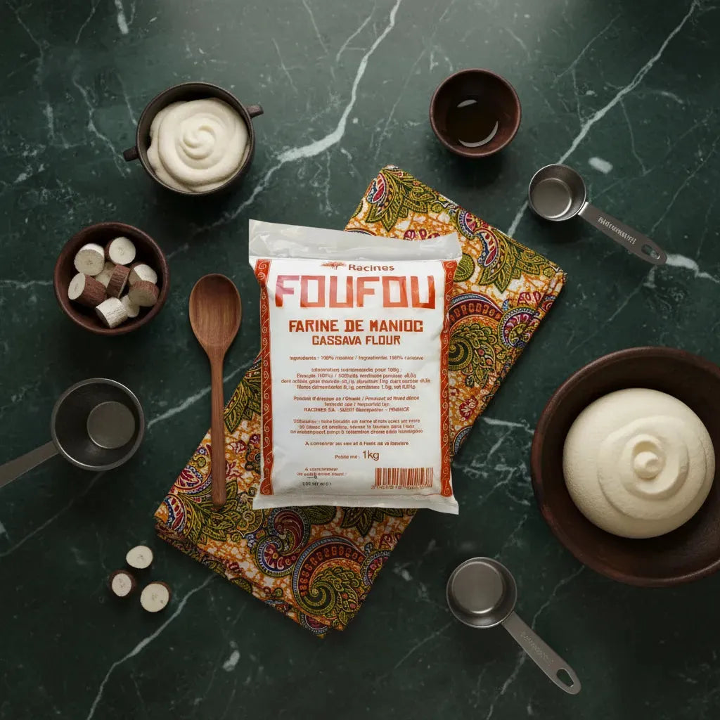 Farine de manioc RACINES - Foufou posée sur un tissu africain avec ustensiles de cuisine, idéale pour recettes traditionnelles.
