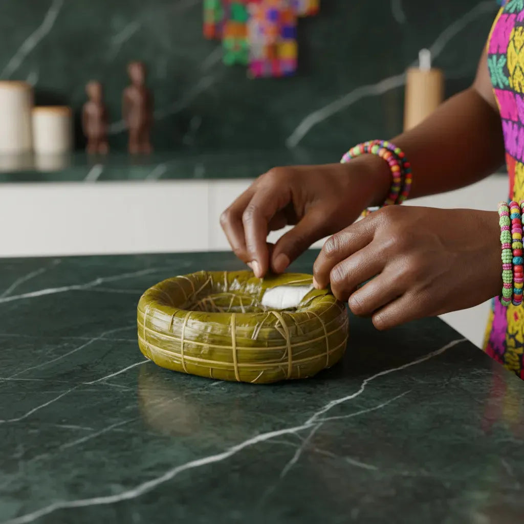 Préparation du Bobolo sous vide sur plan de travail, plat traditionnel africain à base de manioc, idéal pour une alimentation équilibrée.