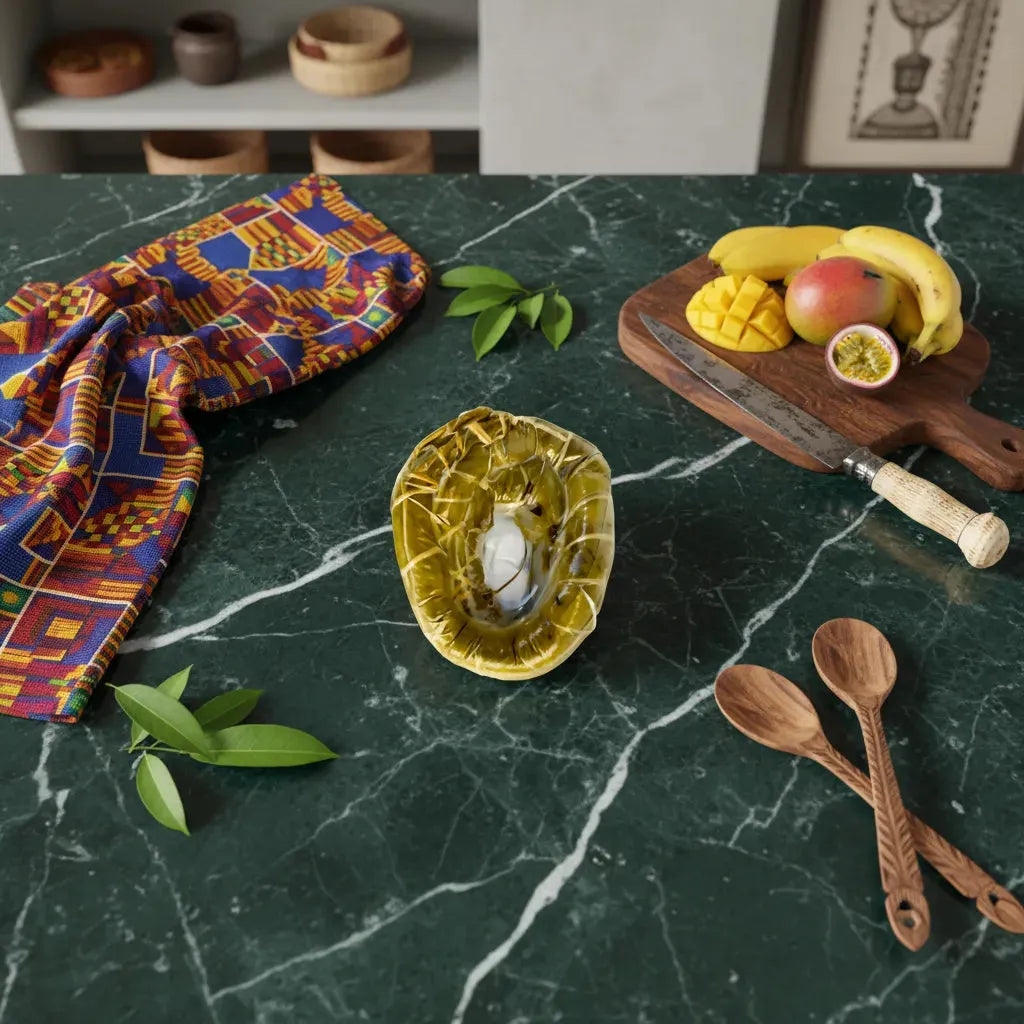 Bobolo sous vide présenté en cuisine avec fruits exotiques, plat de manioc traditionnel, parfait pour une alimentation pauvre en graisses.