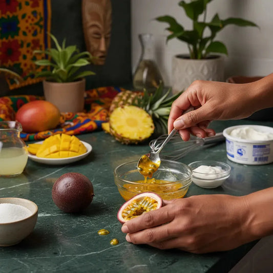 Préparation culinaire avec fruit de la passion frais, pulpe extraite à la cuillère. Ingrédient exotique riche en nutriments pour recettes sucrées.