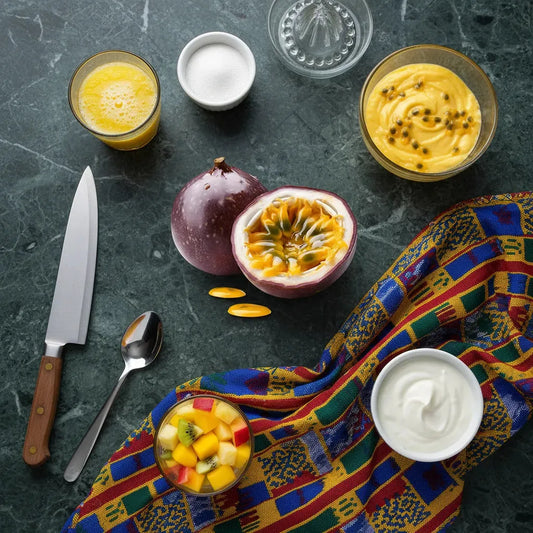 Table garnie de fruits tropicaux, yaourt, jus et fruit de la passion ouvert. Idéal pour recettes saines et gourmandes à base de pulpe juteuse.