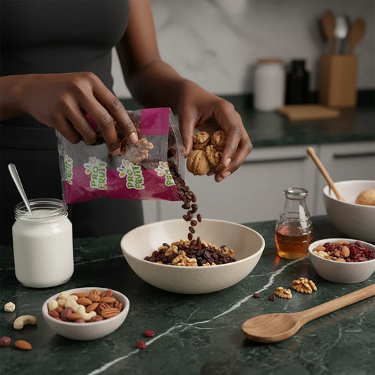 Raisins bruns PROFRUIT versés dans un bol de petit-déjeuner avec noix et lait, idéals pour une collation saine et fruitée au quotidien.