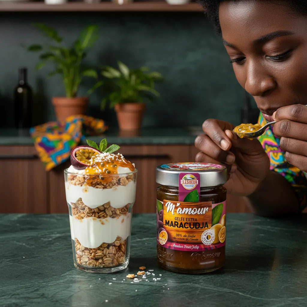 Femme dégustant la confiture passion M'AMOUR avec un granola au yaourt, produit d'épicerie sucrée à base de fruits de la passion authentiques.