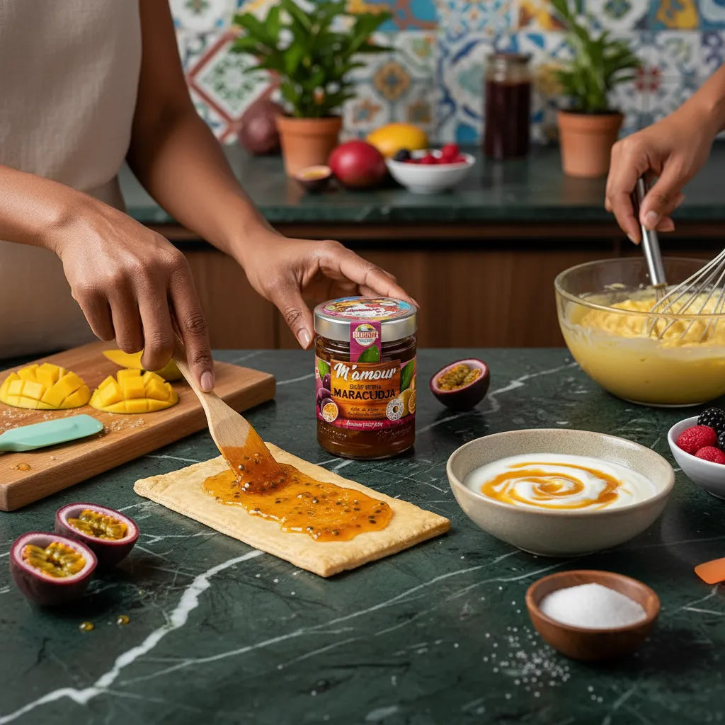 Préparation de dessert avec confiture passion M'AMOUR étalée sur pâte feuilletée, accompagnée de fruits exotiques et yaourt sucré.