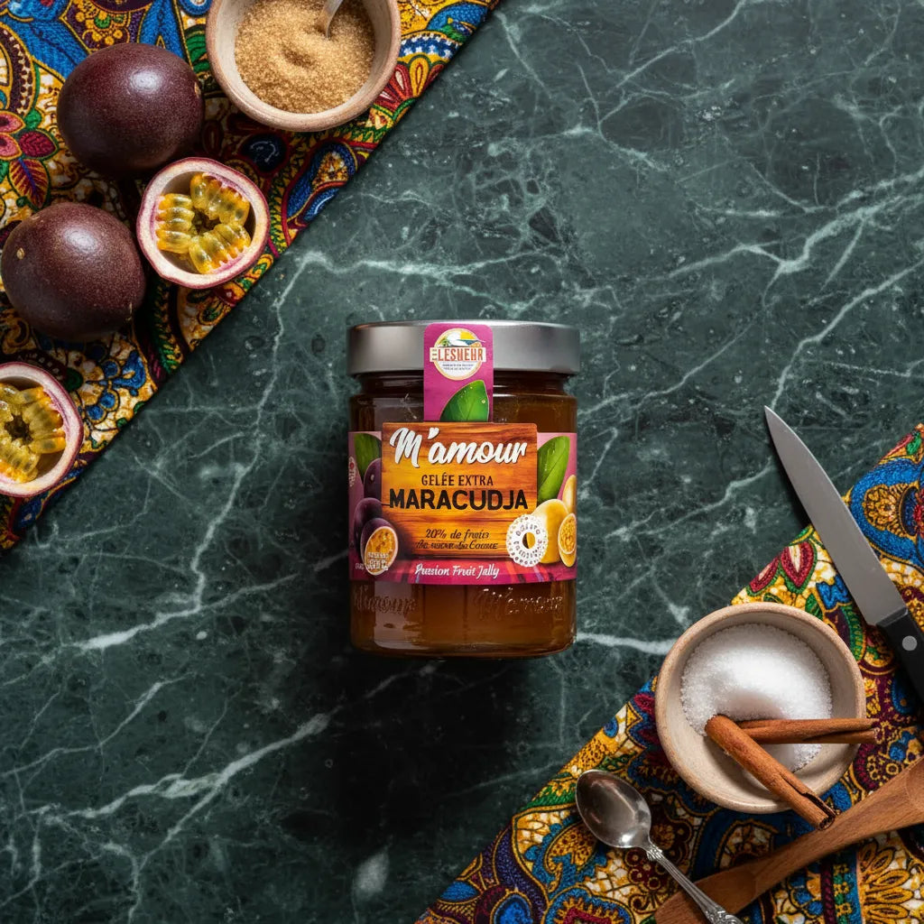 Confiture passion M'AMOUR posée sur table en marbre avec fruits de la passion frais, sucre et épices, produit d'épicerie sucrée exotique.