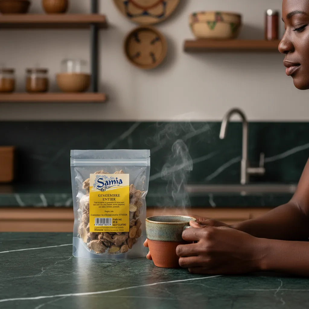 Femme dégustant une boisson chaude au gingembre entier SAMIA, racine séchée utilisée pour infusion bien-être et goût épicé naturel.
