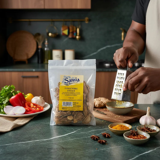 Préparation culinaire avec gingembre entier SAMIA râpé, parfait pour relever plats salés. Épicerie salée aux saveurs naturelles intenses.