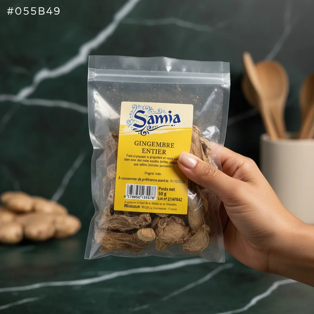 Main tenant un sachet de gingembre entier SAMIA 50g, racine séchée de qualité pour cuisine et infusion. Épicerie salée aux arômes puissants.