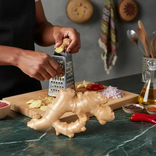 Préparation culinaire avec gingembre râpé, racine fraîche utilisée pour ses vertus médicinales et son arôme en cuisine maison.