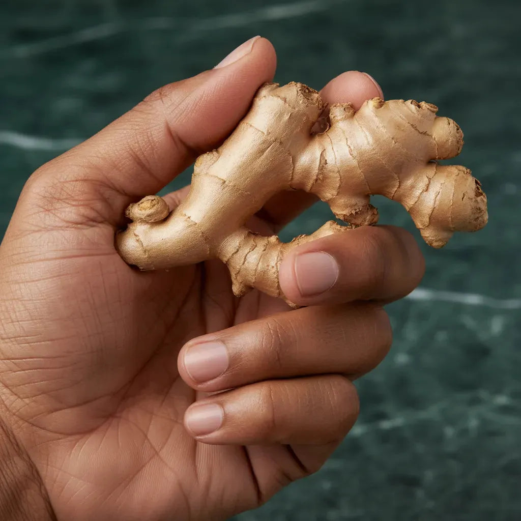 Main tenant un rhizome de gingembre frais, ingrédient principal de l'infusion gingembre Afrique RACINES. Saveur intense et bienfaits naturels.