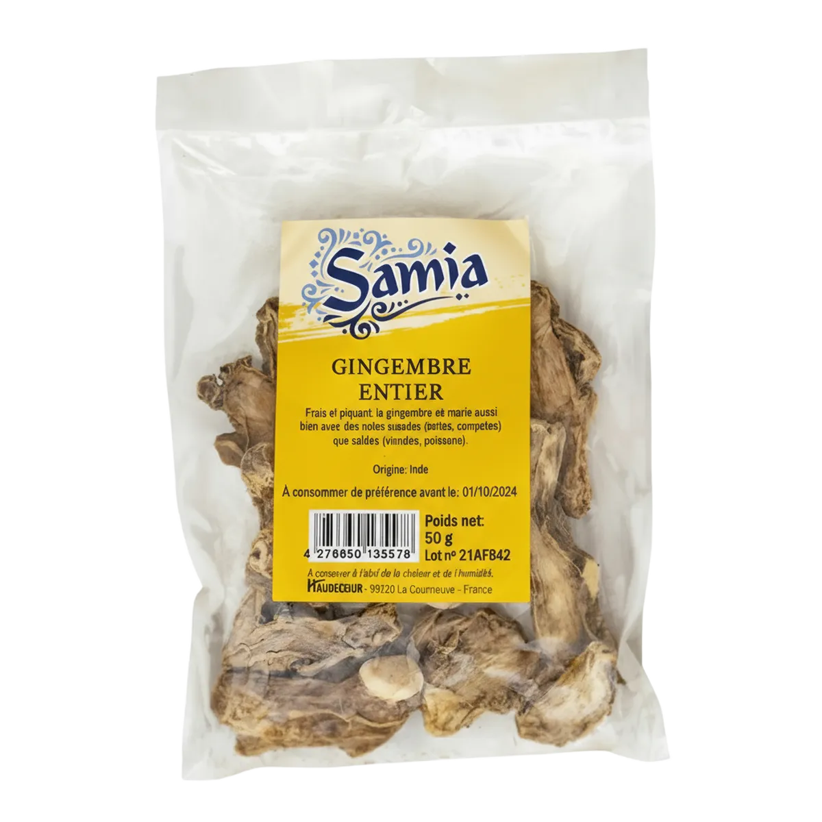Gingembre entier SAMIA en sachet de 50g, racine entière séchée pour assaisonnement intense. Idéal pour cuisine salée et boissons épicées.