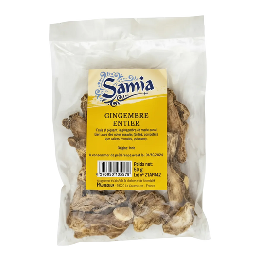 Gingembre entier SAMIA en sachet de 50g, racine entière séchée pour assaisonnement intense. Idéal pour cuisine salée et boissons épicées.