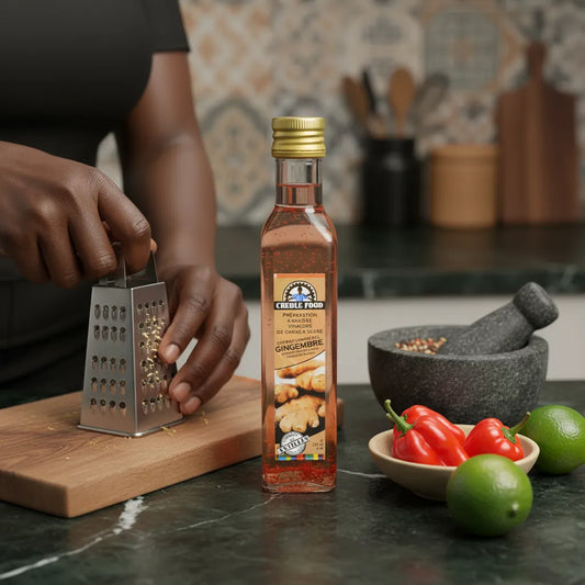 Vinaigre Canne Gingembre CREOLE FOOD sur plan de travail avec râpe, piments et citrons, parfait pour cuisine épicée et créative.