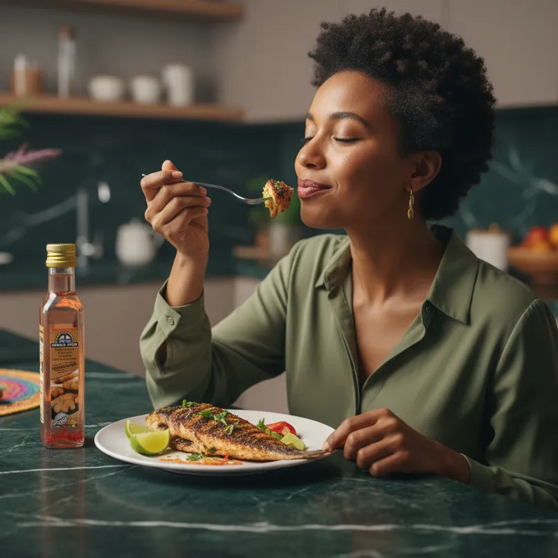 Femme dégustant un plat de poisson assaisonné avec le vinaigre Canne Gingembre CREOLE FOOD, parfait pour rehausser les saveurs.