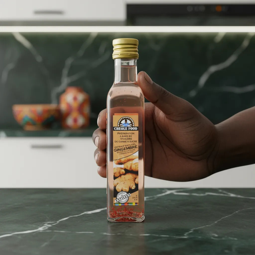 Main tenant une bouteille de vinaigre de canne au gingembre CREOLE FOOD dans une cuisine moderne, produit d'épicerie salée.