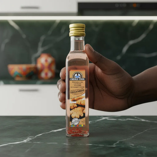Main tenant une bouteille de vinaigre de canne au gingembre CREOLE FOOD dans une cuisine moderne, produit d'épicerie salée.