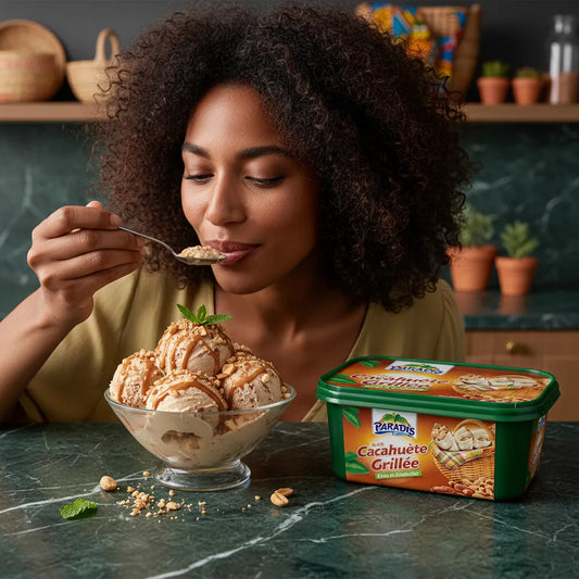 Femme dégustant une glace cacahuète grillée PARADIS GLACE, dessert crémeux idéal pour les amateurs de saveurs intenses.