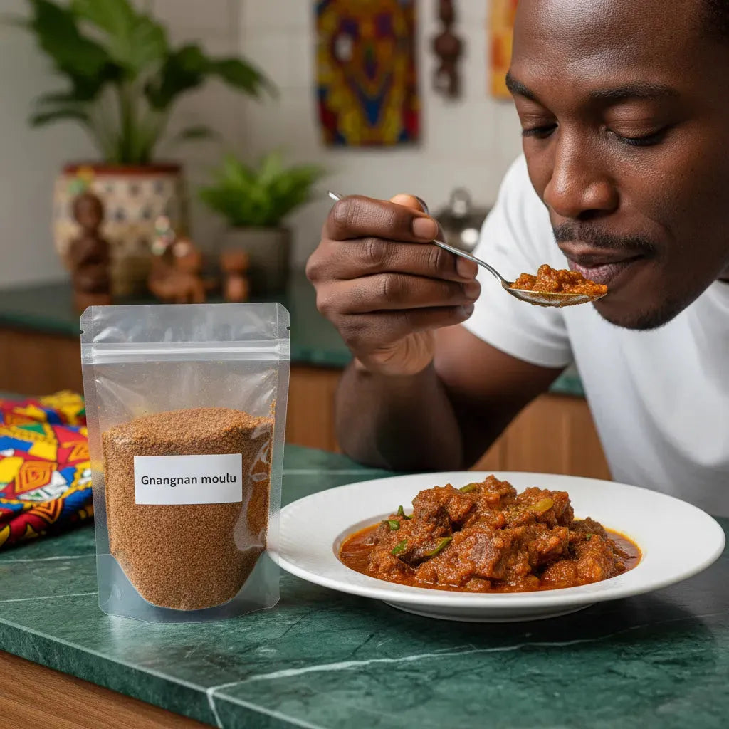Homme dégustant un plat épicé préparé avec du gnangnan moulu, condiment traditionnel rehausseur de goût pour cuisine africaine.