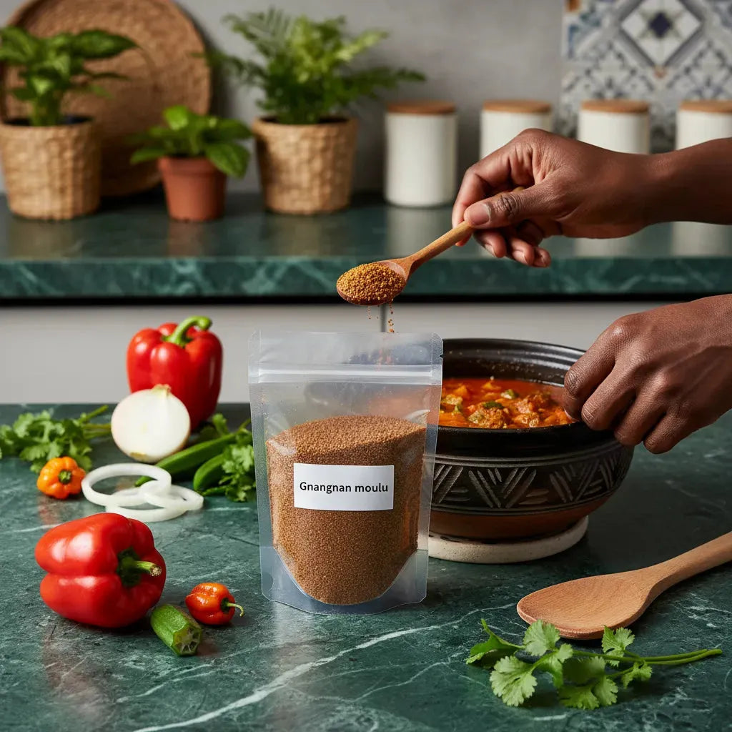 Utilisation du gnangnan moulu - condiment traditionnel versé dans une sauce mijotée, parfait pour sublimer viandes et légumes.