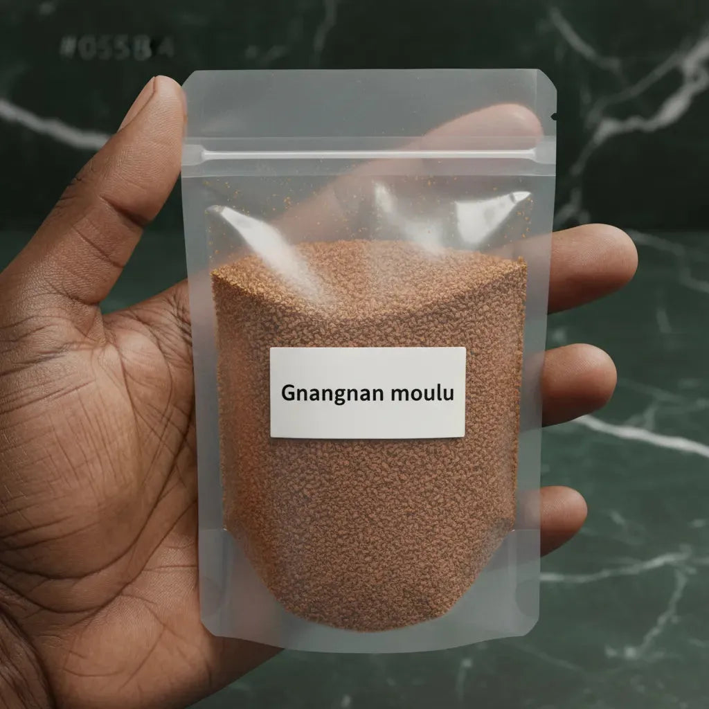 Main tenant un sachet de gnangnan moulu, épice traditionnelle utilisée pour relever les plats de viande, poisson et sauces africaines.