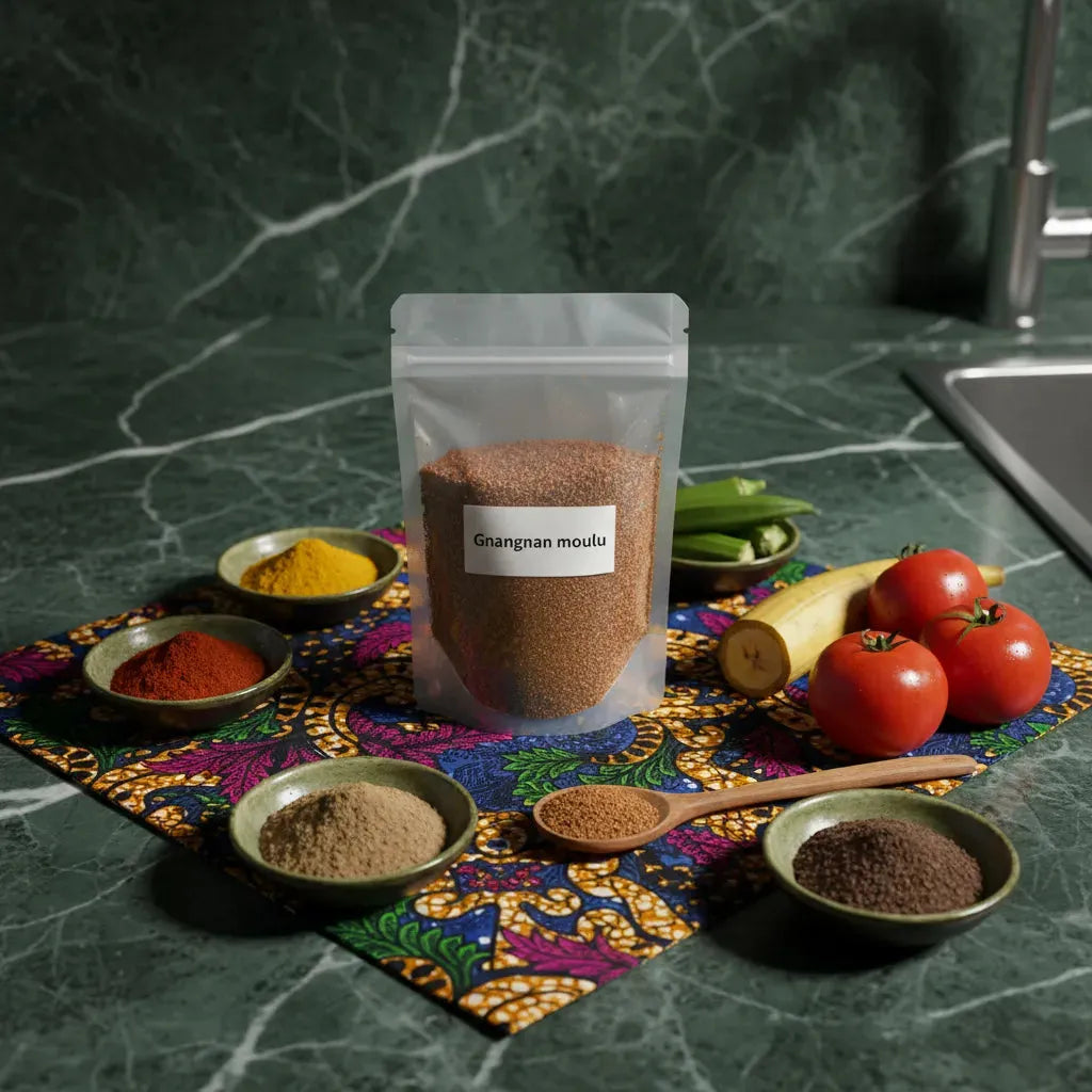 Sachet de gnangnan moulu entouré d'épices et légumes frais, idéal pour l'épicerie salée et la cuisine traditionnelle africaine.