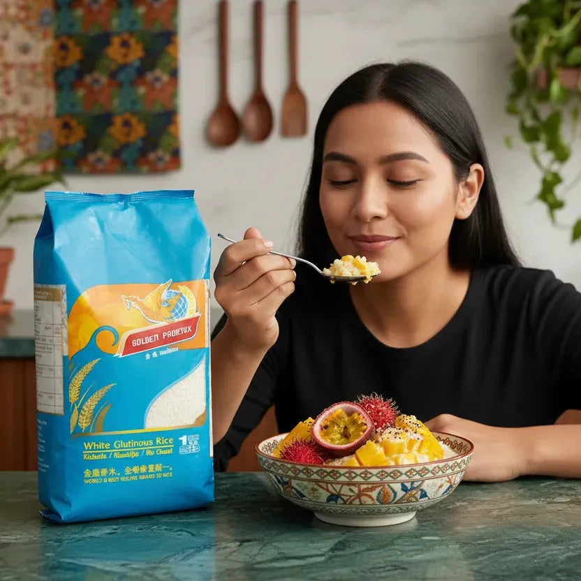 Femme dégustant un dessert à base de riz gluant PHOENIX, mettant en valeur sa texture collante parfaite pour les plats sucrés-salés.