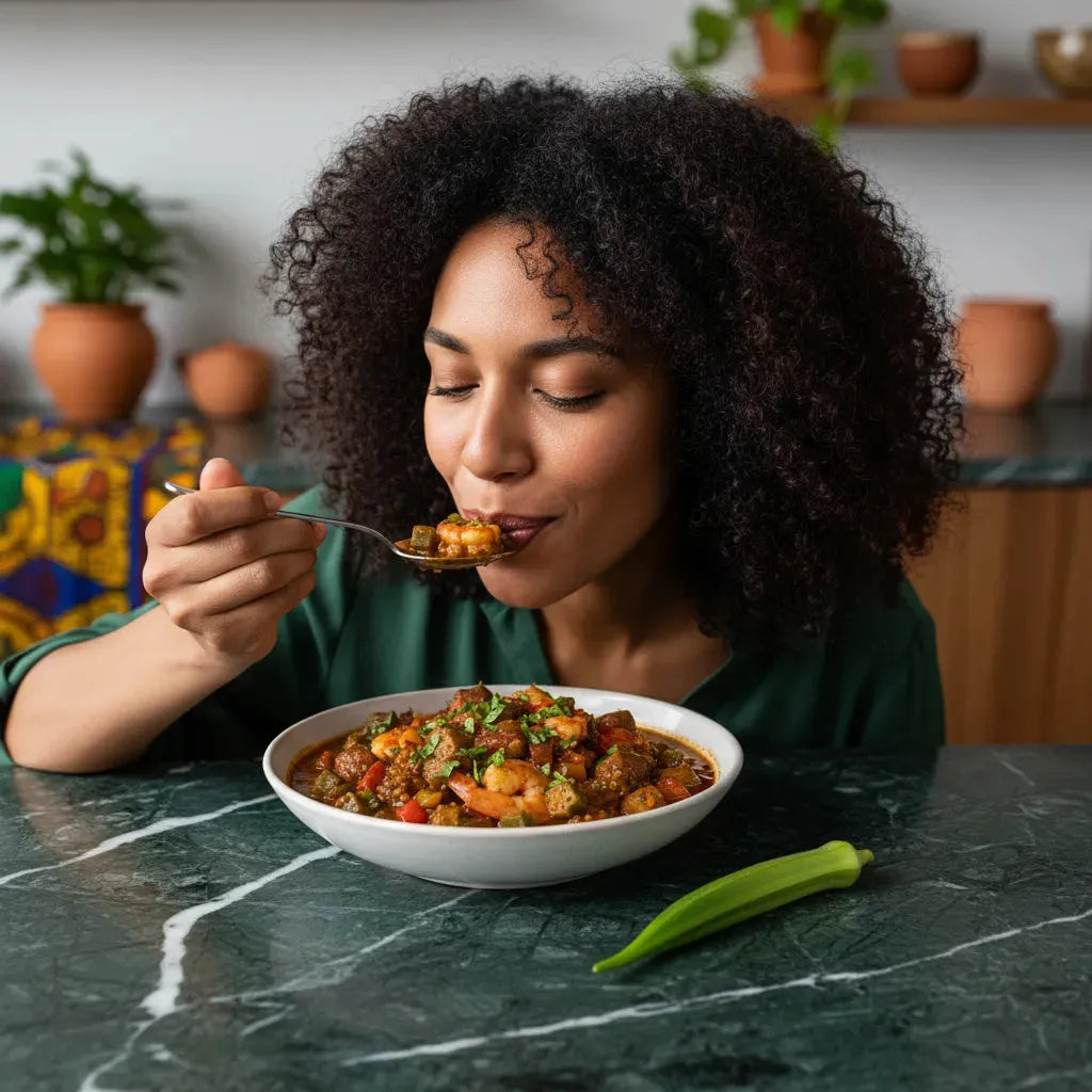 Femme dégustant un plat cuisiné avec du gombo coupé surgelé. Saveur authentique et texture unique pour repas savoureux et équilibré.