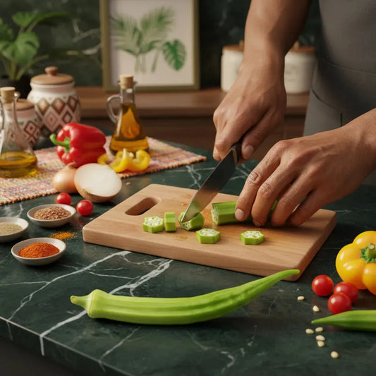 Préparation culinaire avec gombo frais découpé, légume santé riche en fibres et antioxydants pour recettes équilibrées.