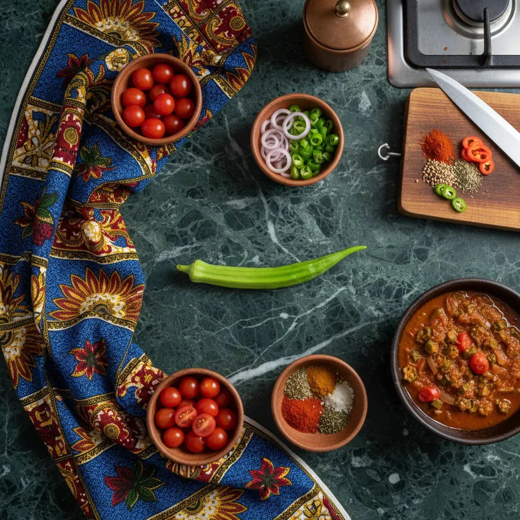 Gombo au centre d'une table de cuisine avec épices et légumes, ingrédient clé pour plats sains et riches en vitamines.
