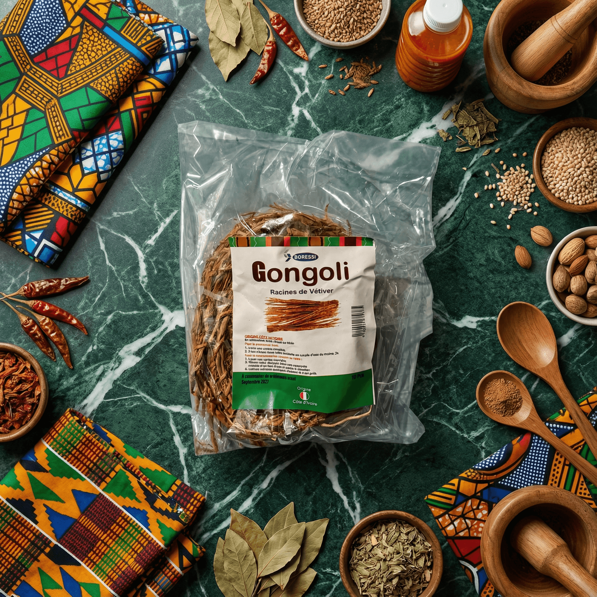 Sachet de Gongoli Infusion posé sur table avec épices africaines, racines de vétiver naturelles pour bien-être et vitalité, récolte traditionnelle.