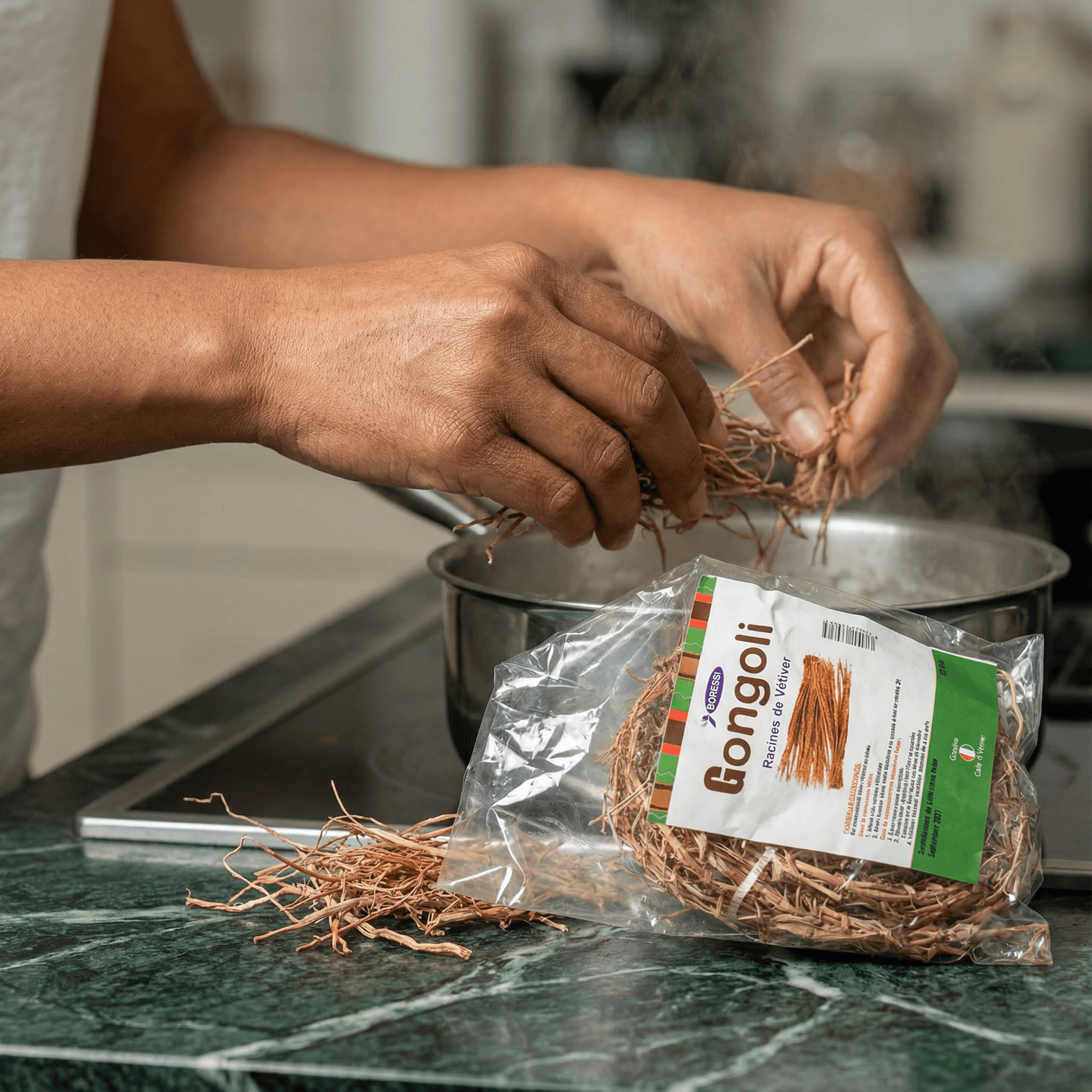 Préparation d'une infusion de Gongoli avec racines de vétiver naturelles, bien-être féminin et vitalité, produit traditionnel africain pur.