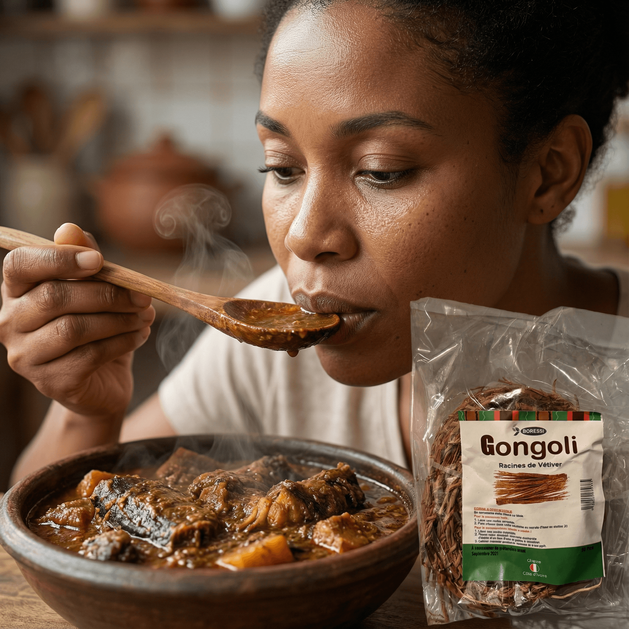 Femme dégustant un plat chaud avec Gongoli Infusion, racines de vétiver naturelles pour bien-être, produit africain pur et apaisant.