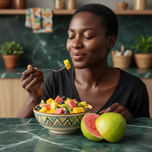 Femme dégustant une salade de fruits tropicaux avec goyave rose, fruit frais savoureux et riche en arômes naturels.