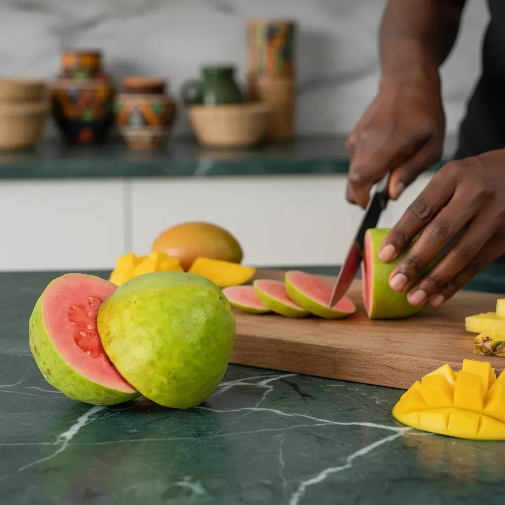Préparation culinaire avec goyave rose tranchée sur planche en bois, fruit tropical polyvalent pour plats sucrés ou salés.