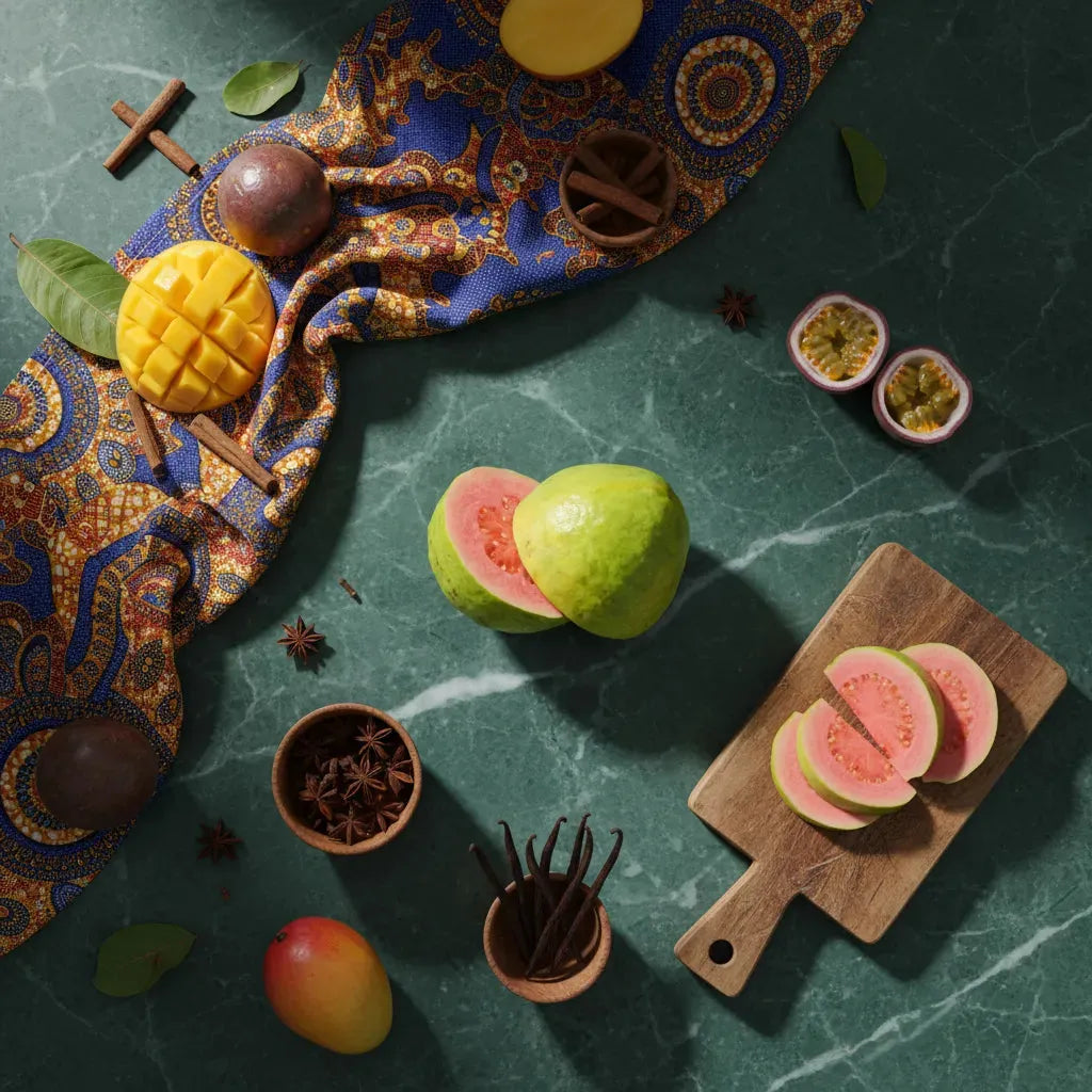 Présentation artistique de goyave rose avec mangue et fruits exotiques sur fond vert, idéal pour recettes tropicales.
