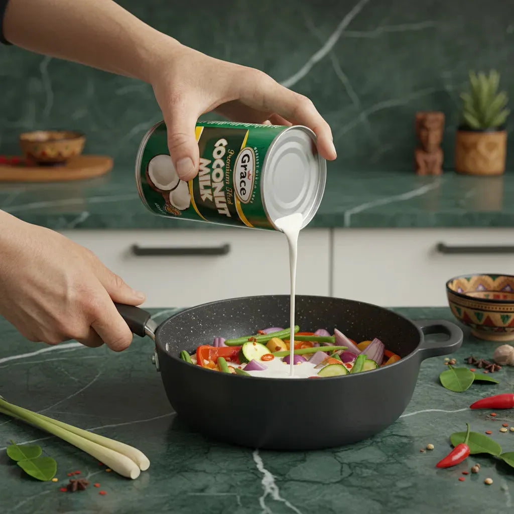 Lait de coco GRACE versé dans une poêle de légumes, illustrant son usage polyvalent en cuisine salée. Texture onctueuse pour plats exotiques.