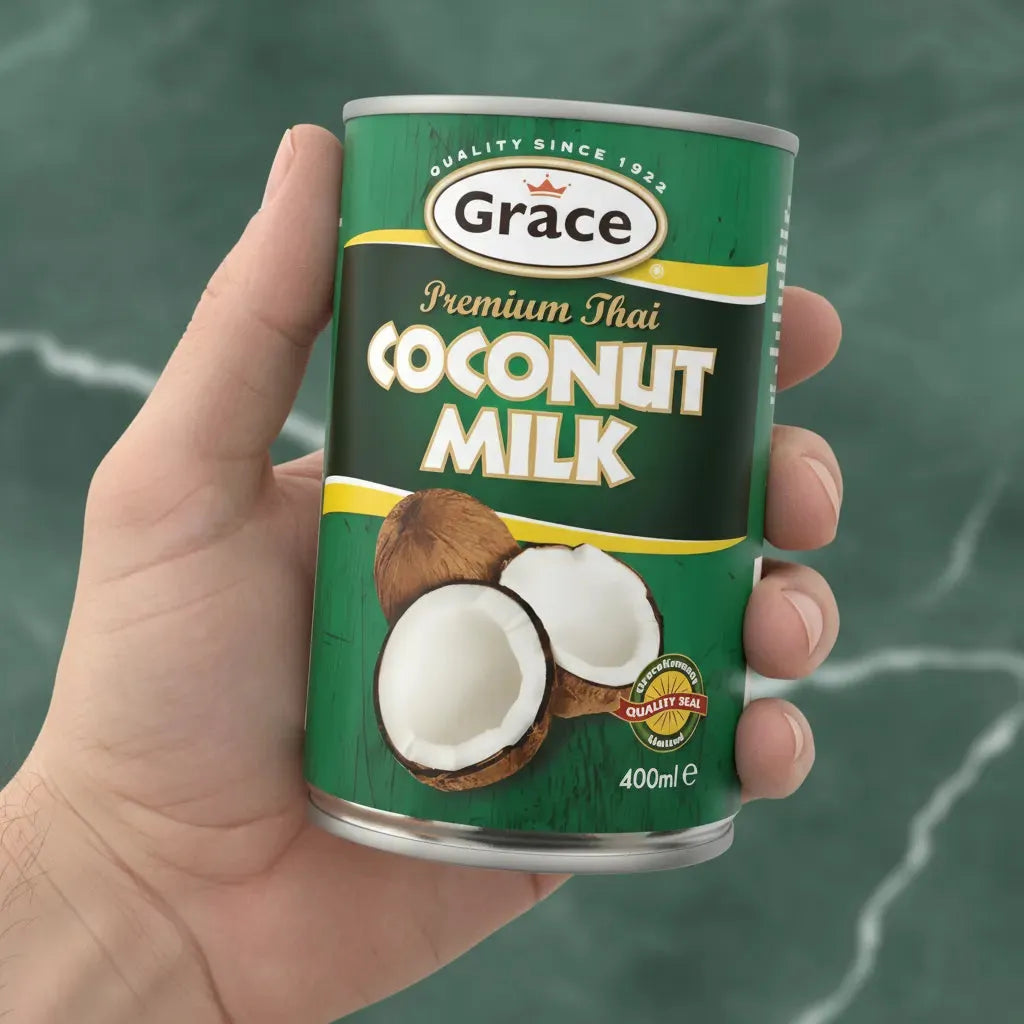Boîte de lait de coco GRACE 400 ml tenue en main, mettant en avant sa praticité et son format idéal pour cuisiner au quotidien.