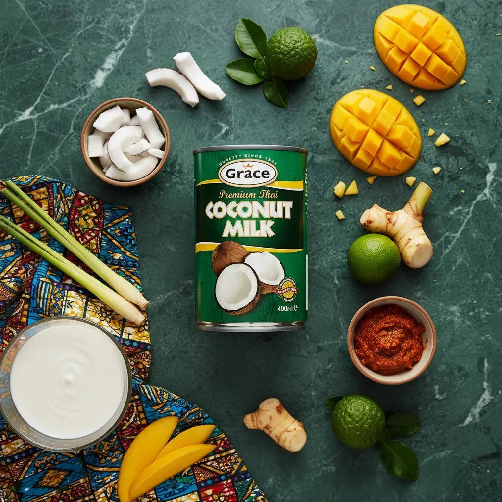 Lait de coco GRACE entouré d’ingrédients exotiques comme mangue, citron vert et gingembre, parfait pour cuisine créative sucrée et salée.