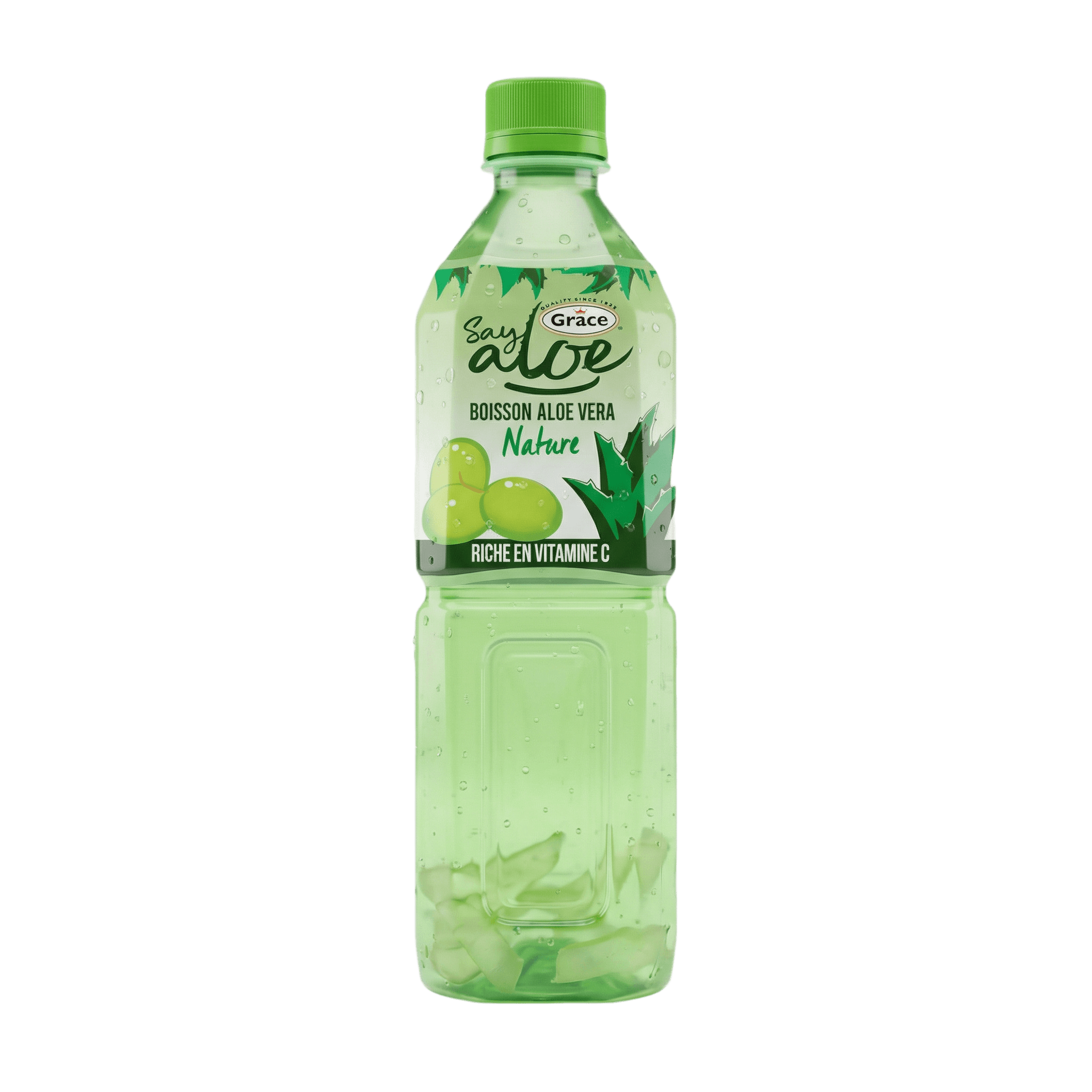 Bouteille de Jus Aloe Vera GRACE grand format, boisson naturelle rafraîchissante avec morceaux de pulpe visible. Idéal pour l’hydratation quotidienne.