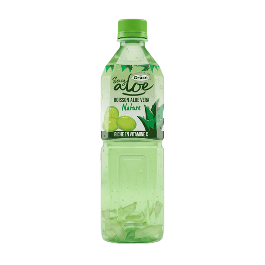 Bouteille de Jus Aloe Vera GRACE grand format, boisson naturelle rafraîchissante avec morceaux de pulpe visible. Idéal pour l’hydratation quotidienne.