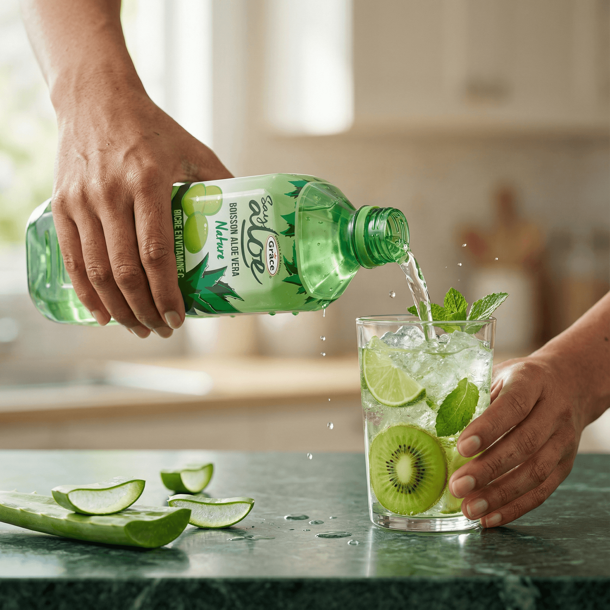 Versement du Jus Aloe Vera GRACE dans un verre garni de kiwi, citron vert et menthe. Boisson rafraîchissante idéale pour se désaltérer sainement.