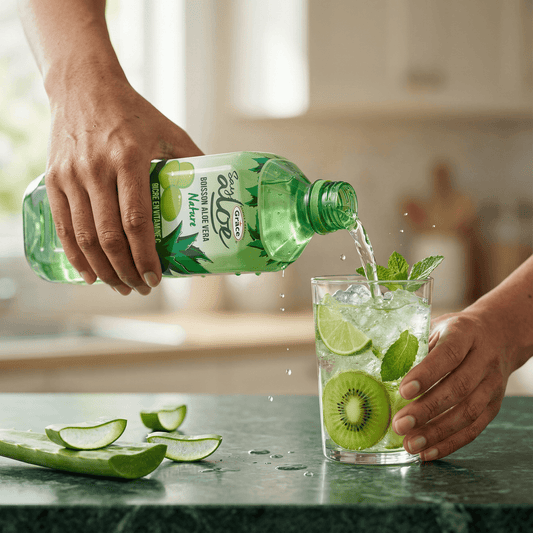 Versement du Jus Aloe Vera GRACE dans un verre garni de kiwi, citron vert et menthe. Boisson rafraîchissante idéale pour se désaltérer sainement.