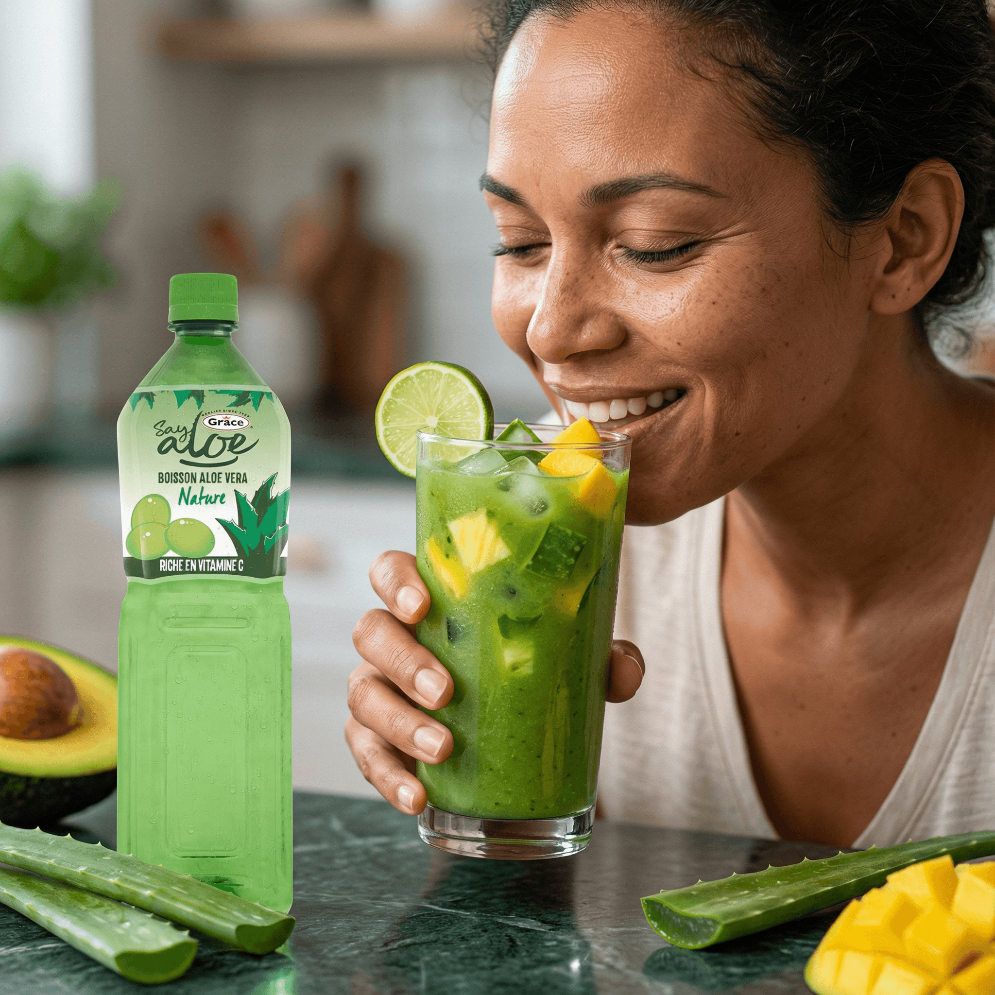Femme dégustant un smoothie vert avec une bouteille de Jus Aloe Vera GRACE, boisson revitalisante riche en vitamine C. Parfait pour une pause bien-être.