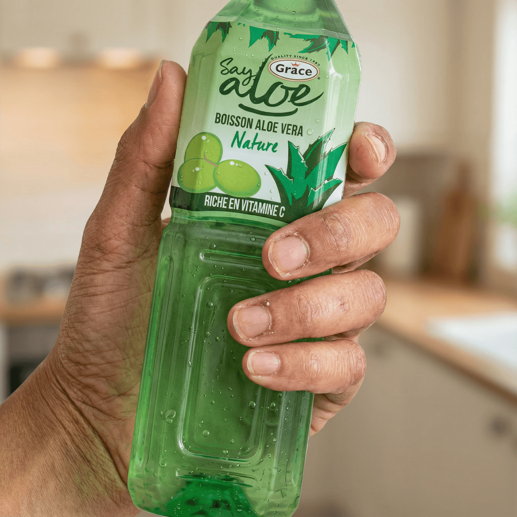 Main tenant une bouteille de Jus Aloe Vera GRACE Nature, boisson hydratante avec pulpe visible. Riche en vitamine C pour une vitalité naturelle.