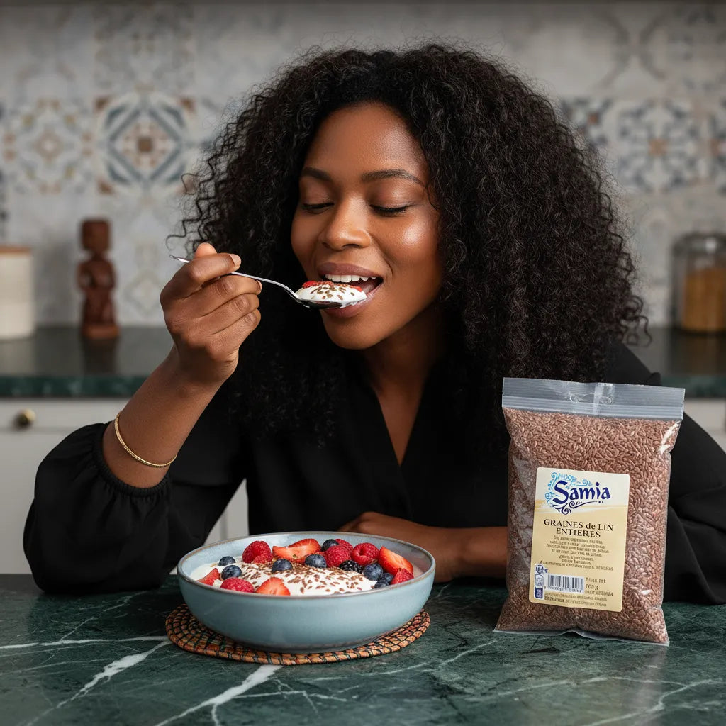 Femme dégustant un yaourt aux fruits agrémenté de graines de lin entières SAMIA, croquantes et au goût subtil, idéales pour une alimentation saine.