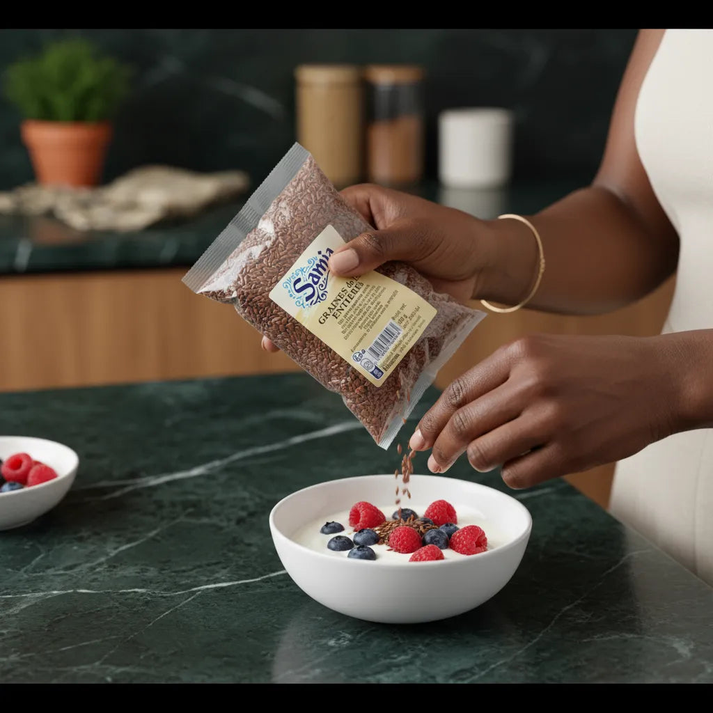Main versant des graines de lin entières SAMIA dans un bol de fruits rouges, parfaites pour enrichir vos recettes avec une touche nutritive.