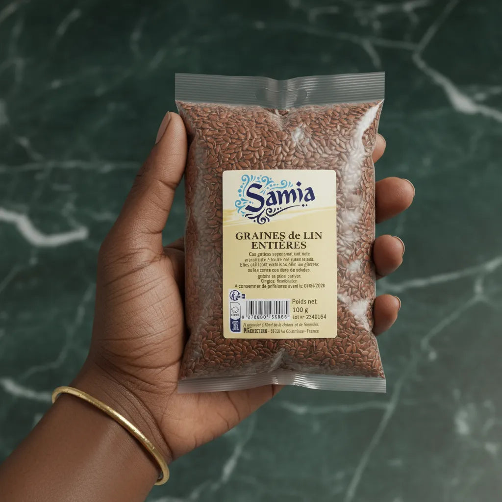 Main tenant un sachet de graines de lin entières SAMIA, produit d'épicerie salée riche en fibres et oméga-3, idéal pour une cuisine équilibrée.
