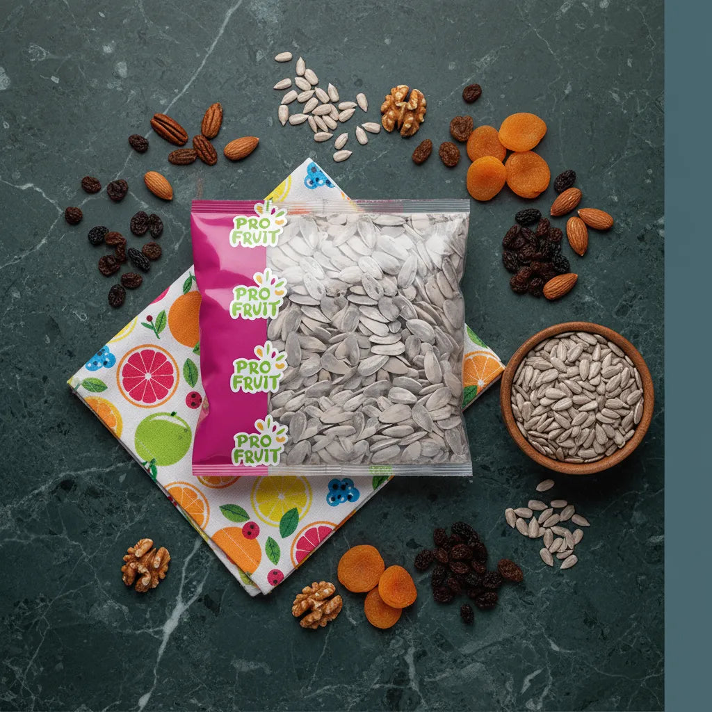 Sachet de graines de tournesol PROFRUIT sur table en marbre avec fruits secs, parfait pour encas ou cuisine saine.