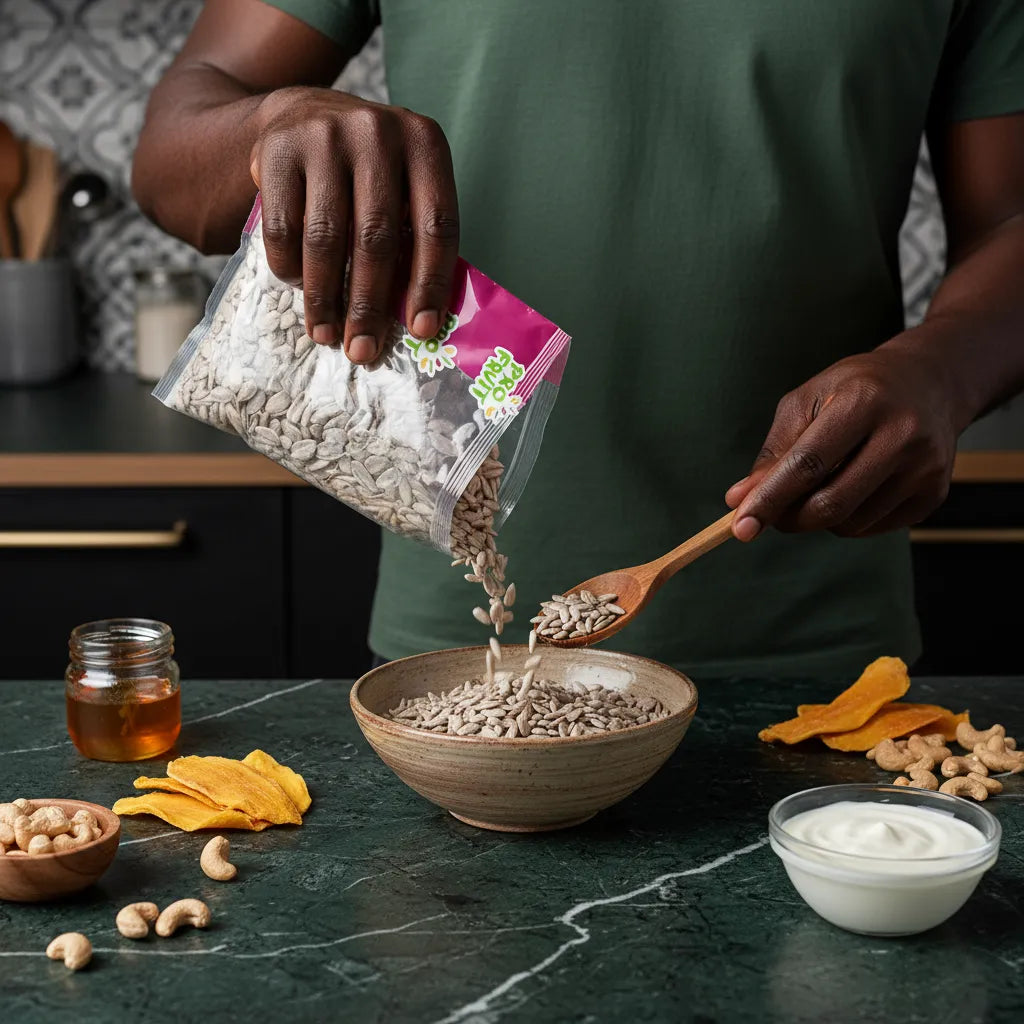 Graines de tournesol PROFRUIT versées dans un bol au petit-déjeuner, accompagnées de noix, yaourt et fruits secs.