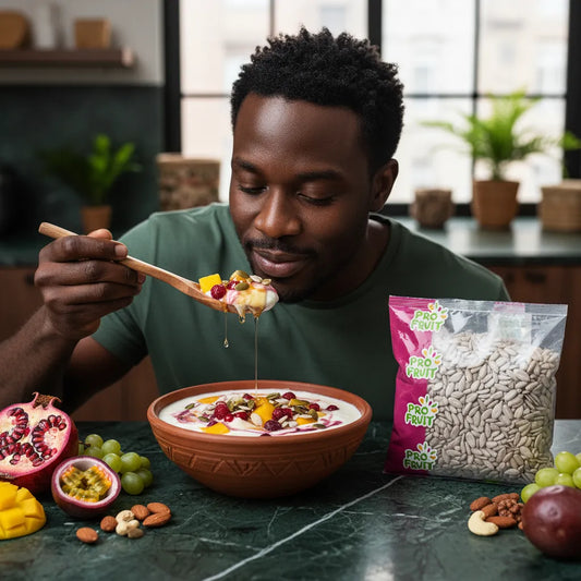 Homme dégustant un bol de fruits avec graines de tournesol PROFRUIT, collation saine et savoureuse au goût authentique.